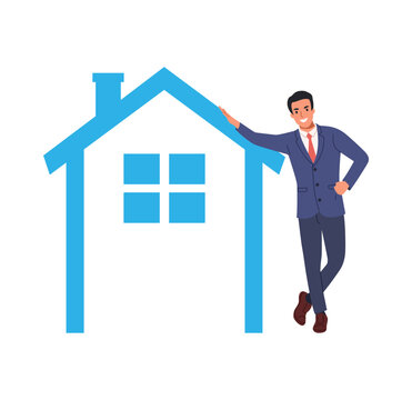 recommend clip art: A man stands leaning his hand on a stylized image of a house. Concept illustration of buying or insuring real estate. Vector illustration.