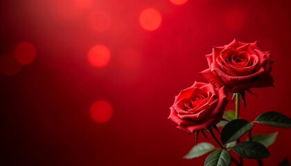 Elegant Red Roses on a Soft Red Bokeh Background, copy space.