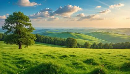 Obraz premium Rolling Hills And Forest Under Summer Sky