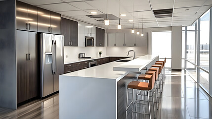 Modern kitchen with stainless steel appliances and white countertops in a contemporary office space.