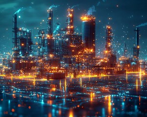 Futuristic Renewable Energy Factory Powering Glowing Urban Cityscape at Night