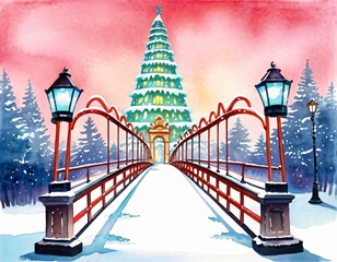 red bridge in winter