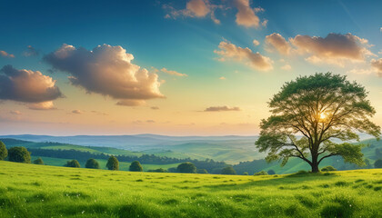 Fototapeta premium Sunset Over Verdant Summer Meadows