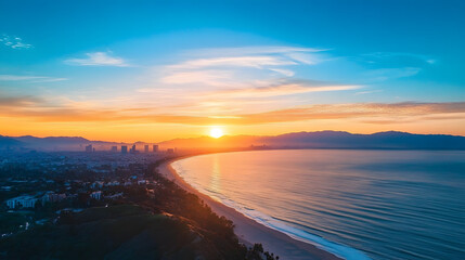 Obraz premium Aerial view of dramatic sunset or sunrise and blue sky