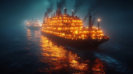 Fototapeta premium Massive Offshore Oil Platform Extracting Resources from Deep Ocean at Night