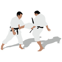 Karate fighters in kimonos, vector silhouette illustration. Karate brand logo design element.