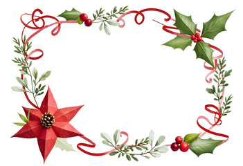 Various Christmas-themed elements including pine branches, holly berries, reindeer, Christmas trees, gifts, and other festive decorations