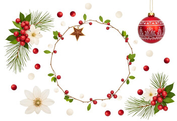 Various Christmas-themed elements including pine branches, holly berries, reindeer, Christmas trees, gifts, and other festive decorations