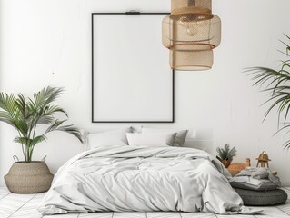 Minimalist bedroom interior with a white bed. a wicker pendant light. and potted plants