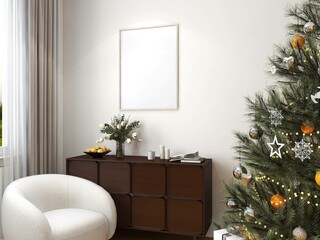 frame mockup on white wall, Christmas living room decor. White poster in festive and cozy interior decor. 3D render
