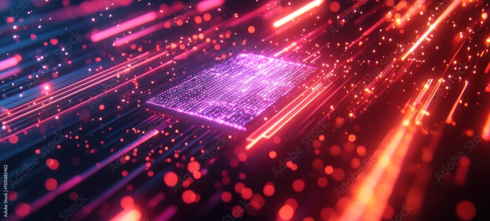 Poster abstract digital data stream: neon lights and particle effects