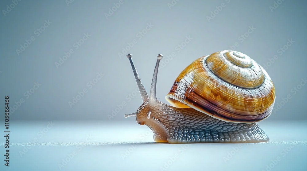 Poster closeup of a slow moving snail crawling on a surface with its intricate shell and tentacles