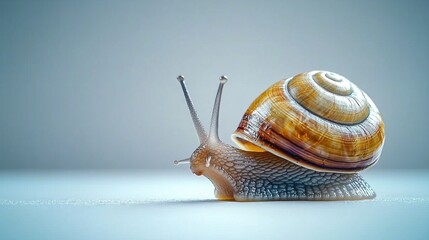 Closeup of a Slow Moving Snail Crawling on a Surface with Its Intricate Shell and Tentacles