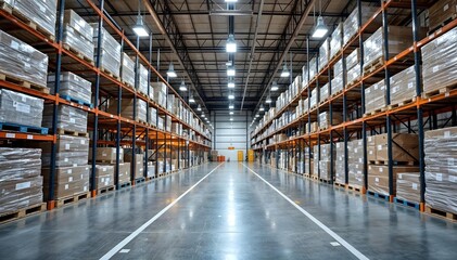 Large Warehouse With Stacked Pallets and Industrial Shelving Units