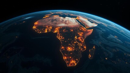 Aerial view of Africa at night with illuminated cities and winding rivers seen from space,...