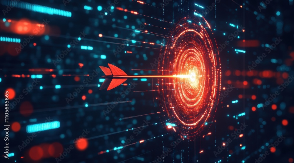 Aufkleber a digital art representation of an arrow shot into the center of a target, surrounded by glowing dat