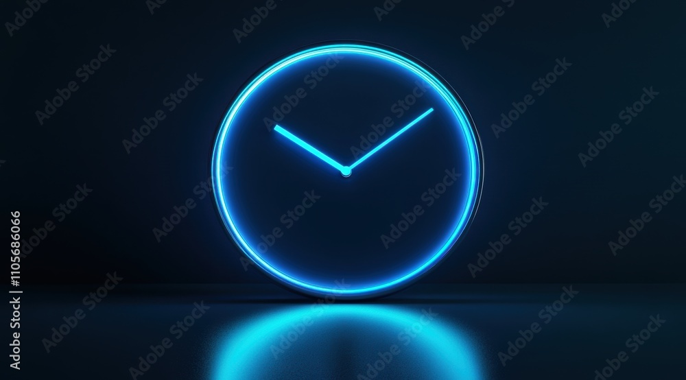 Poster a glowing blue clock against a dark background with a reflection, symbolizing time and the color spe