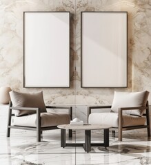 Two blank frames hanging on a marble wall above a coffee table with two chairs