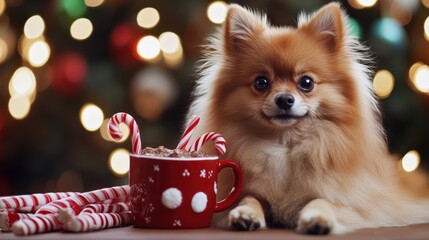 Festive Pomeranian Posing with Holiday Mug