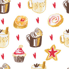 Seamless pattern with Christmas food on white isolated background hand drawn with wax crayons. New Year elements with oil pastels.
