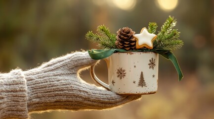 A hand in woolen gloves holds out an enamel mug with forest plants and star-shaped cookies wrapped around it.