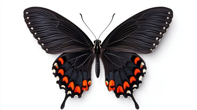 Beautifully Patterned Black Butterfly with Vibrant Red and Orange Wings Resting on a Natural Background
