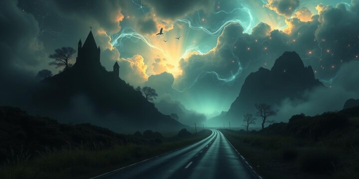 Alice walking down a whimsical path in silhouette against a surreal Wonderland backdrop, wonder, adventure, mystical