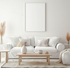 A minimalist living room with a white sofa. a wooden coffee table. and a large white frame on the wall The room is decorated with soft lighting and a few decorative elements