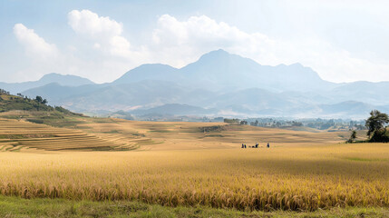 Fototapeta premium Vietnamese Rice Terraces During Harvest Season