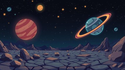 Naklejka premium Alien night planet landscape with flying rocks and glowing liquid plasma spots, cartoon vector illustration, stars, landscape, rocks