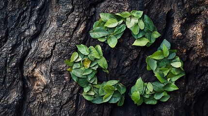 Green Leaves Forming Recycling Symbol On Tree Bark