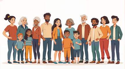 Fototapeta premium People of different cultures and races on a white background. Men and women young and old, along with children and people with disabilities, join together in joy. Illustration