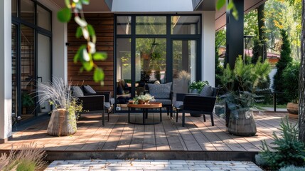 Outdoor Veranda with Black Acapulco Armchairs, Potted Plants, Cozy Patio or Balcony Space, Wooden Veranda with Garden Furniture, Modern Lounge in Backyard