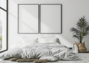 Minimalist bedroom interior with two blank frames. a bed. and a plant
