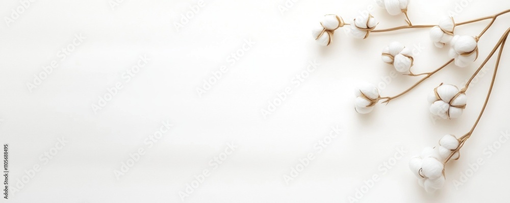 Poster delicate cotton branch lightly rests on a serene white backdrop, creating a tranquil atmosphere idea
