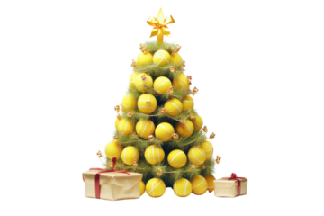 A vibrant holiday scene with yellow tennis balls arranged in the shape of a Christmas tree decorated isolated on white background