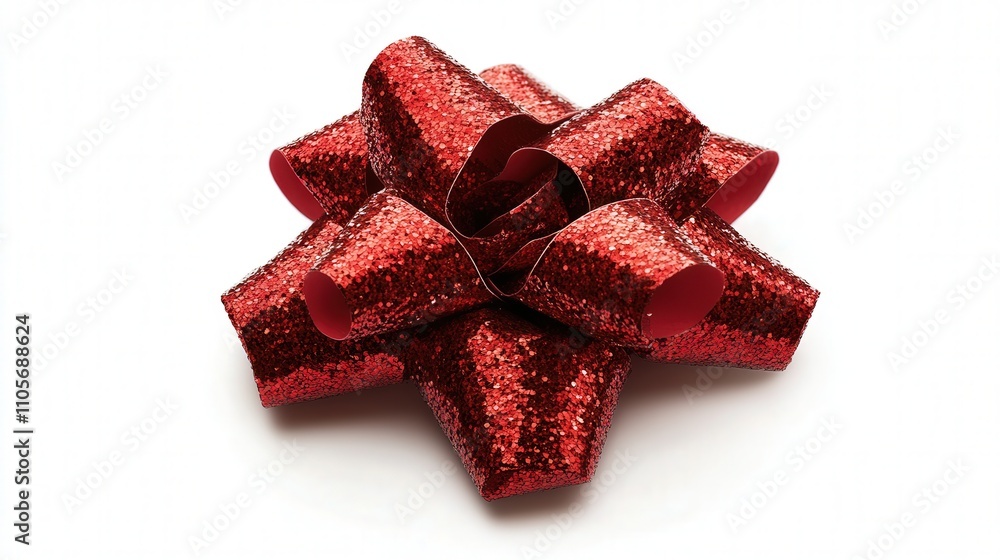 Poster a festive red gift bow with a shiny, reflective surface and a textured ribbon loop is displayed on a