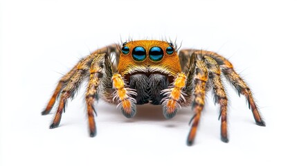 Fototapeta premium Captivating Close up of Colorful Jumping Spider with Hypnotic Eyes and Fangs