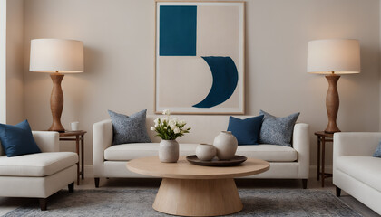 A modern living room with a sofa against a soft colour wall featuring vertical poster frames in wooden frame borders 3d illustration template.