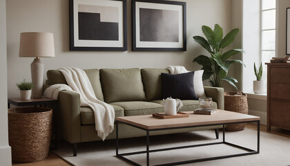 A modern living room with a sofa against a soft colour wall featuring vertical poster frames in wooden frame borders 3d illustration template.