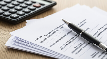 Medical bills neatly stacked on a wooden desk with a pen and calculator nearby, softly blurred background highlighting the financial paperwork, representing healthcare expenses, billing, and financial