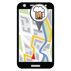 A smartphone with a map navigation app that leads to pub pin. Map GPS navigation. Vector illustration.