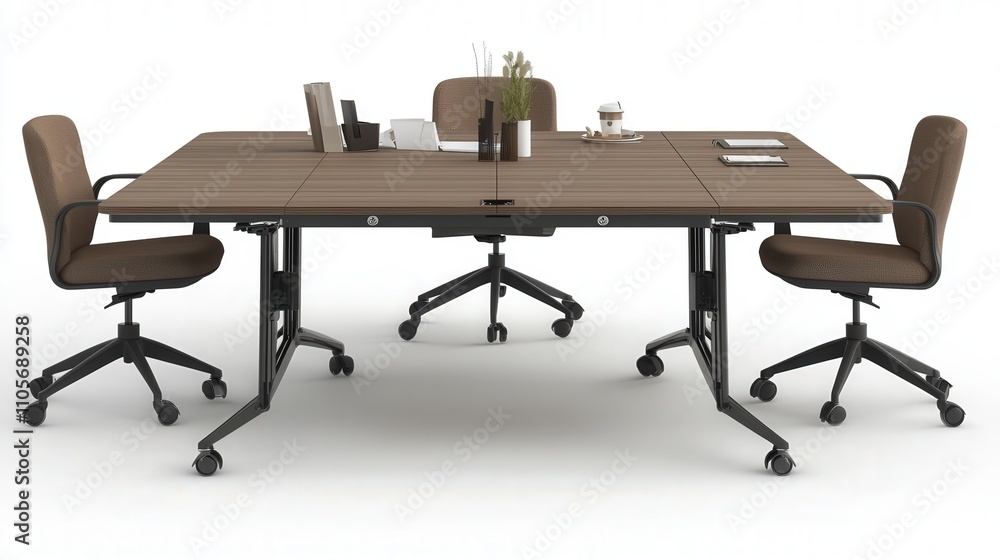 Poster a foldable conference table with wheels, providing easy mobility and flexibility for different event