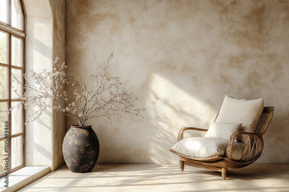 Poster a rustic chair with a soft cushion sits beside a vase holding a delicate branch. sunlight streams th