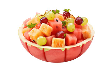 A refreshing summer fruit salad featuring watermelon cubes, cantaloupe, and grapes, served in a halved pineapple shell isolated on white background