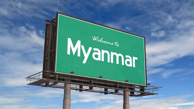 Welcome To Myanmar Road Sign. Airplane Landing Myanmar.