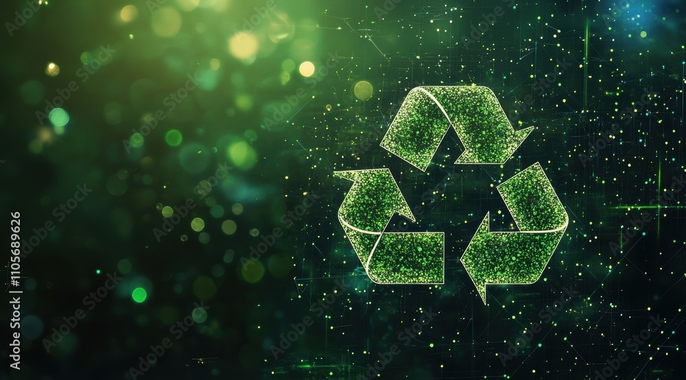 Poster abstract green digital background with a recycling symbol, an ai generative technology concept