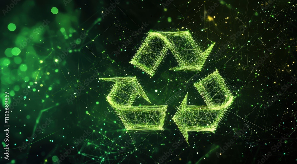 Poster abstract green digital background with a recycling symbol, an ai generative technology concept.