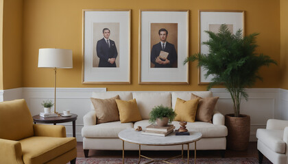 A modern living room with a sofa against a soft colour wall featuring vertical poster frames in wooden frame borders 3d illustration template.