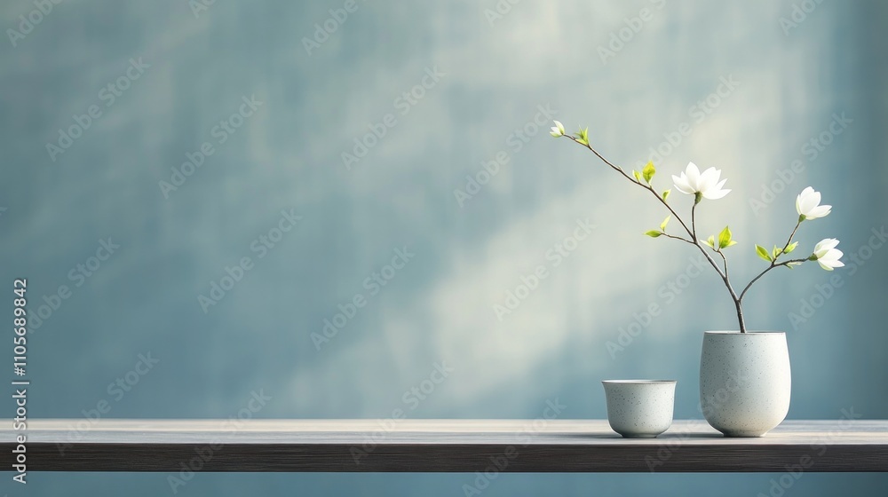 Poster a delicate unopened white lotus branch is artfully arranged in a simple vase, enhancing a calm inter